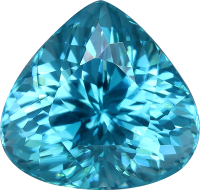 Pear cut blue zircon, 9 by 9.48 mm, shown at actual size