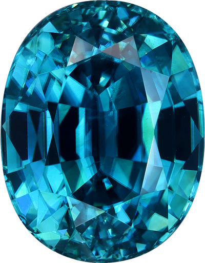 Oval cut blue zircon, 11.68 by 9.09 mm, shown at actual size