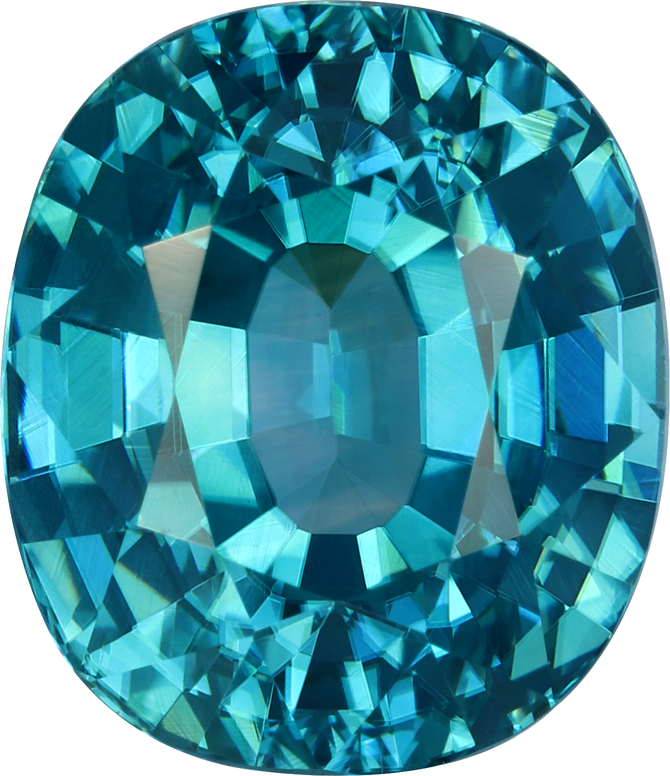 Oval cut blue zircon, 10.1 by 8.67 mm, shown at actual size
