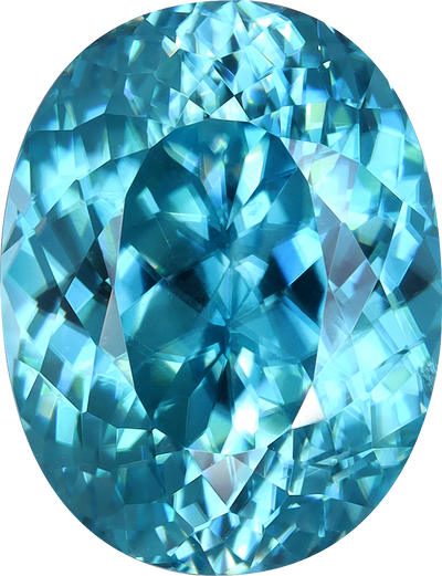 Oval cut blue zircon, 11.6 by 8.98 mm, shown at actual size