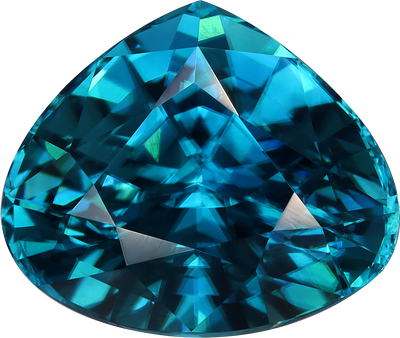 Pear cut blue zircon, 10.02 by 11.75 mm, shown at actual size