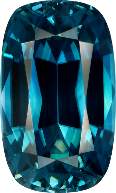 Cushion cut blue zircon, 13.57 by 8.21 mm, shown at actual size