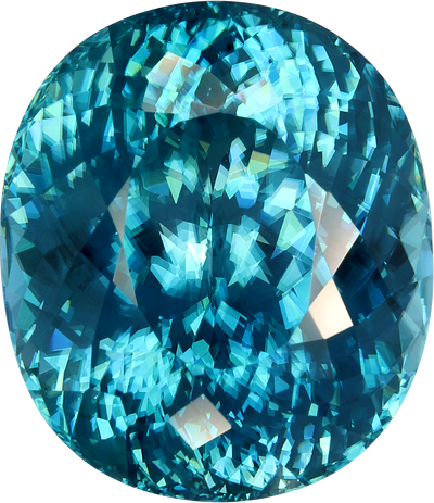 Oval cut blue zircon, 16.32 by 14.14 mm, shown at actual size