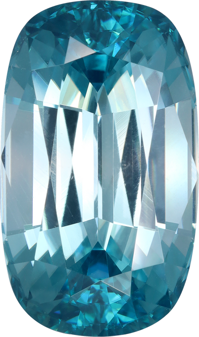 Cushion cut blue zircon, 21.19 by 12.5 mm, shown at actual size