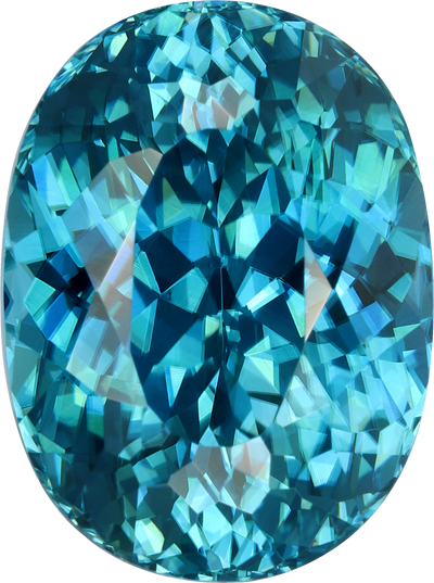 Oval cut blue zircon, 12.54 by 9.33 mm, shown at actual size