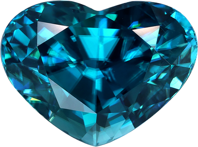 Heart cut blue zircon, 9.54 by 12.78 mm, shown at actual size