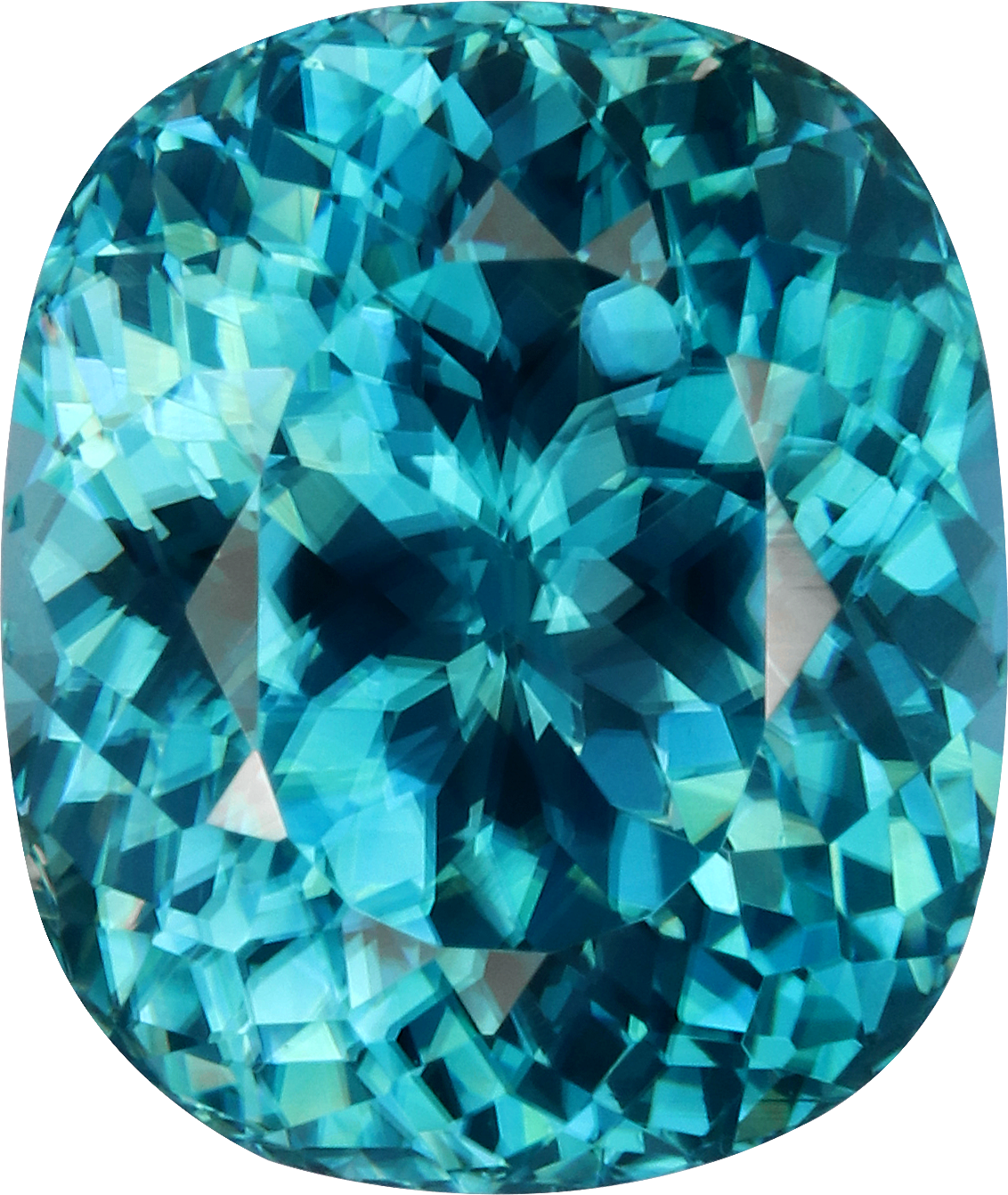 Cushion cut blue zircon, 10.02 by 8.49 mm, shown at actual size