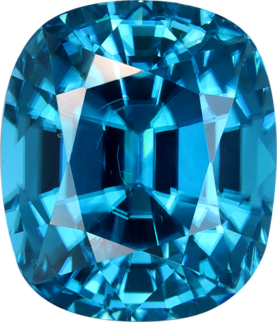 Cushion cut blue zircon, 10.5 by 8.97 mm, shown at actual size