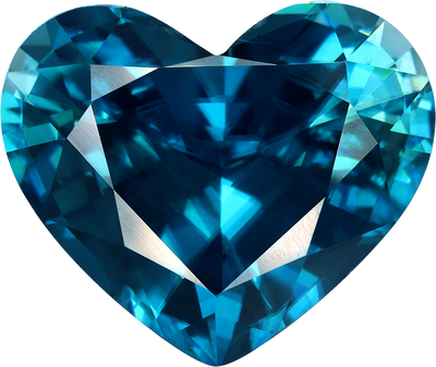 Heart cut blue zircon, 16.73 by 14.02 mm, shown at actual size
