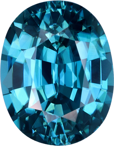 Oval cut blue zircon, 9.99 by 7.81 mm, shown at actual size