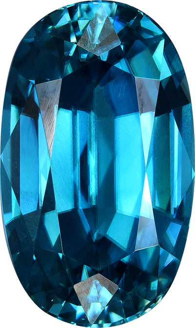 Oval cut blue zircon, 13.66 by 8.19 mm, shown at actual size