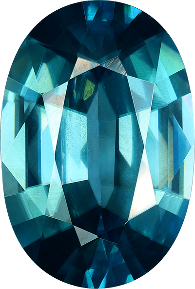 Oval cut blue zircon, 12.14 by 8.12 mm, shown at actual size