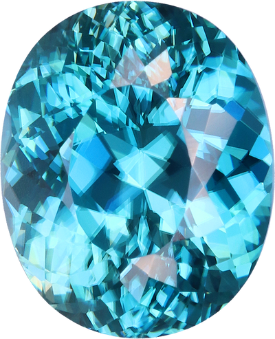 Oval cut blue zircon, 10.47 by 8.55 mm, shown at actual size