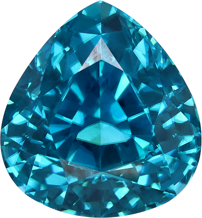 Pear cut blue zircon, 12.26 by 11.39 mm, shown at actual size