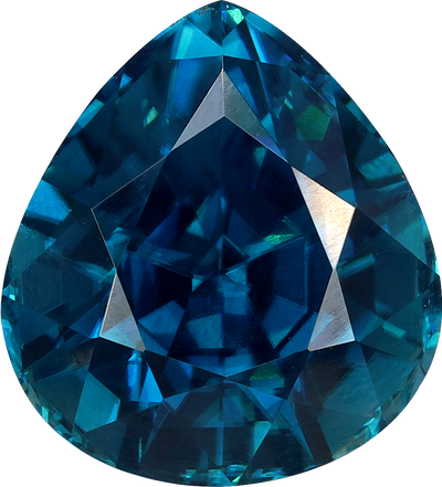 Pear cut blue zircon, 11.85 by 10.84 mm, shown at actual size