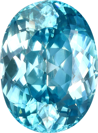 Oval cut blue zircon, 13.58 by 10.1 mm, shown at actual size