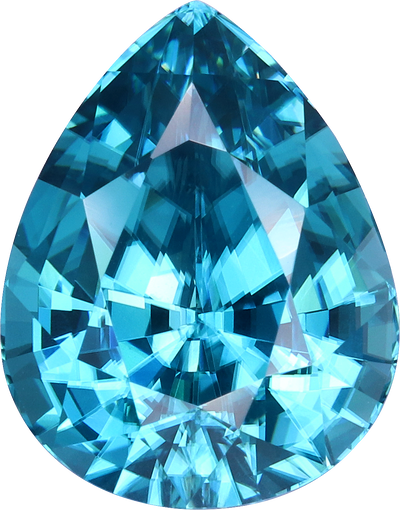 Pear cut blue zircon, 12.1 by 9.48 mm, shown at actual size