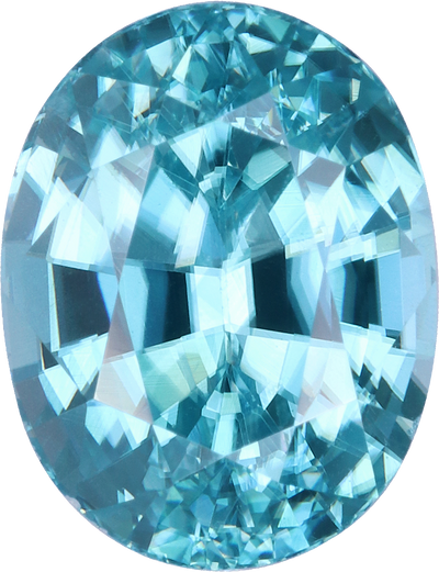 Oval cut blue zircon, 9.1 by 7.03 mm, shown at actual size