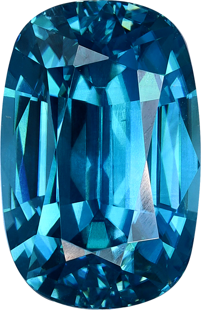 Cushion cut blue zircon, 11.9 by 7.72 mm, shown at actual size
