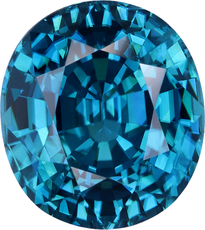 Oval cut blue zircon, 10.04 by 8.91 mm, shown at actual size