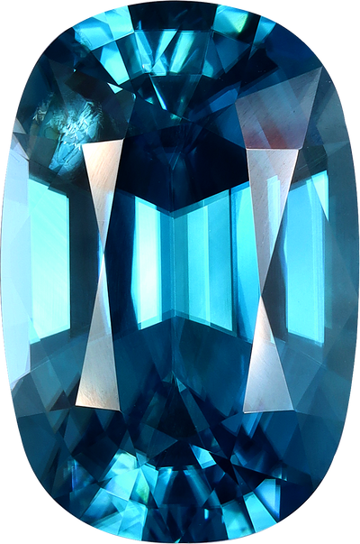 Cushion cut blue zircon, 16.23 by 10.75 mm, shown at actual size