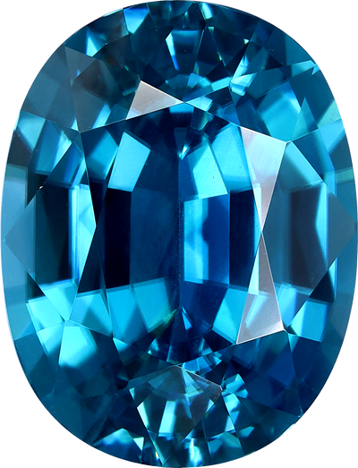 Oval cut blue zircon, 14.25 by 10.87 mm, shown at actual size