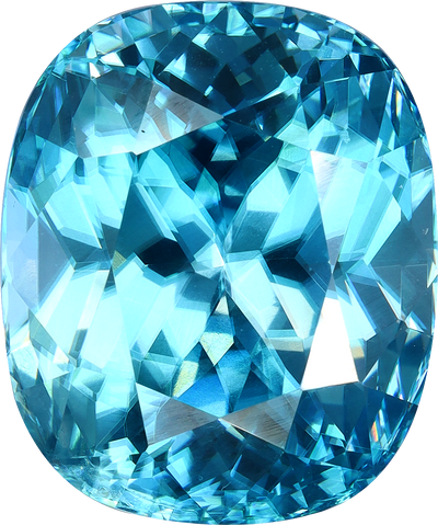 Cushion cut blue zircon, 15.89 by 13.3 mm, shown at actual size