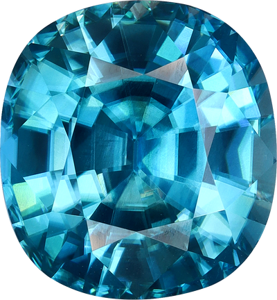 Cushion cut blue zircon, 12.64 by 11.72 mm, shown at actual size