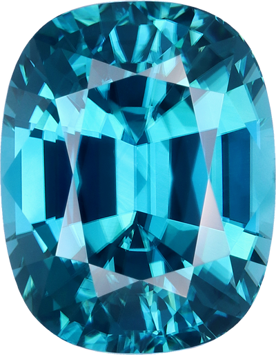 Cushion cut blue zircon, 12.45 by 9.73 mm, shown at actual size