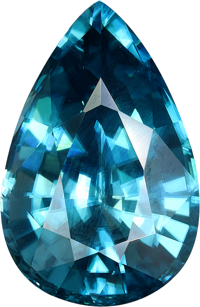 Pear cut blue zircon, 20.02 by 13.14 mm, shown at actual size