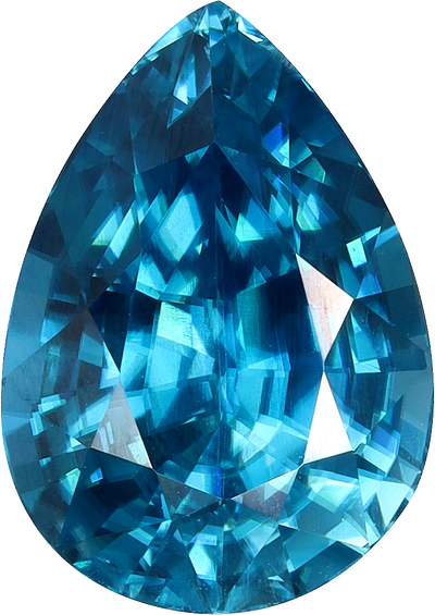 Pear cut blue zircon, 12.44 by 8.89 mm, shown at actual size