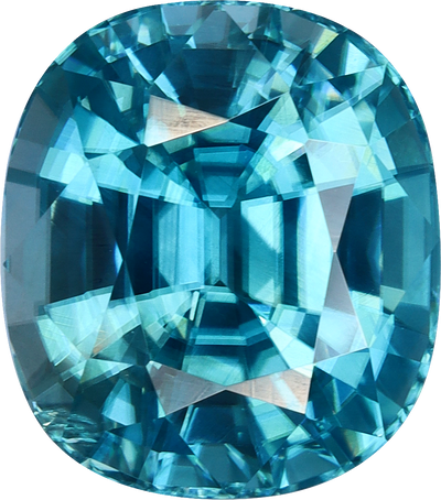 Cushion cut blue zircon, 9.55 by 8.44 mm, shown at actual size
