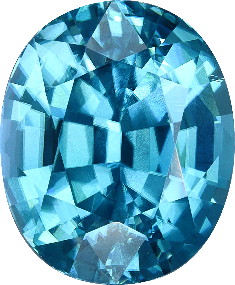 Oval cut blue zircon, 9.78 by 8.06 mm, shown at actual size