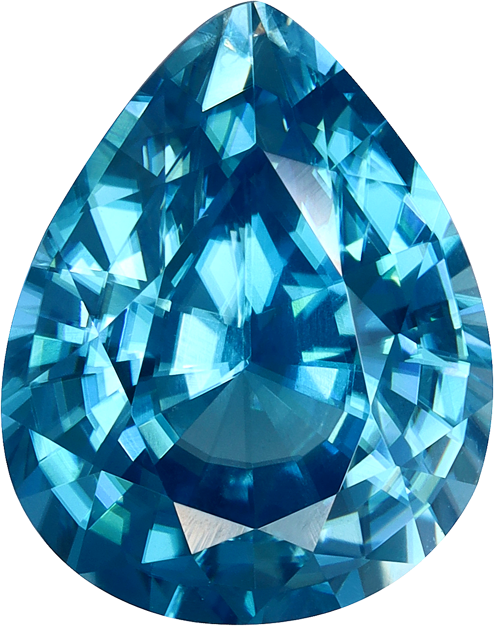 Pear cut blue zircon, 11.56 by 9.09 mm, shown at actual size