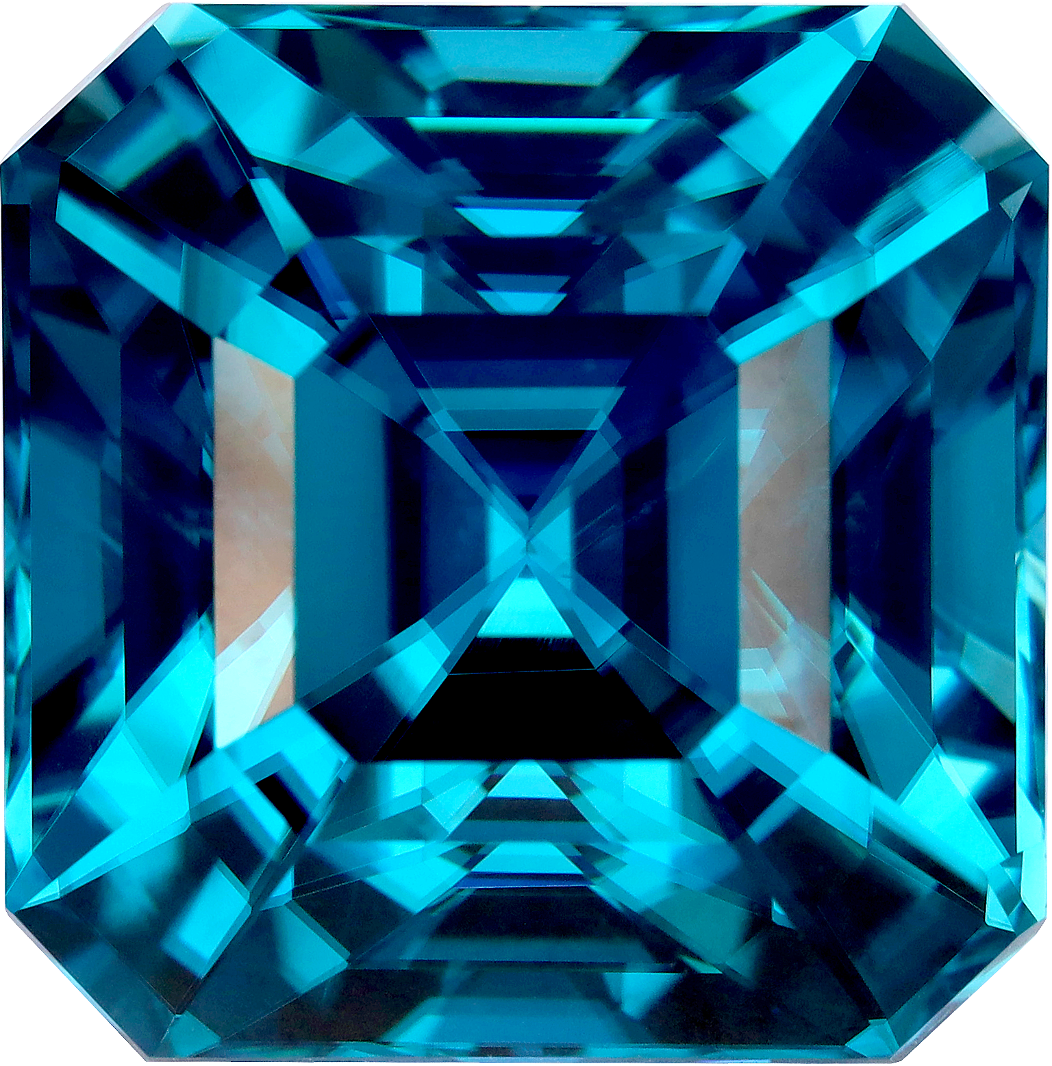 Square cut blue zircon, 14.64 by 14.5 mm, shown at actual size