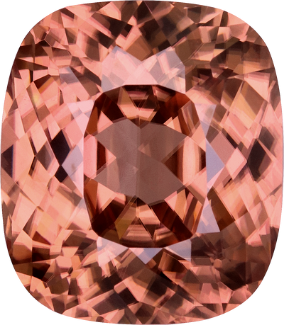 Cushion cut pink zircon, 13.46 by 11.72 mm, shown at actual size