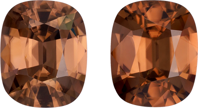 Cushion cut brown zircon, 13.39 by 10.85 mm, shown at actual size