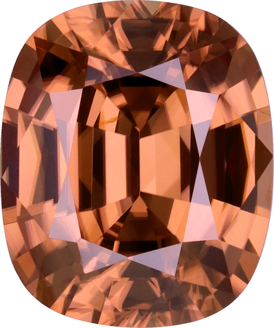 Cushion cut brown zircon, 14.41 by 12.06 mm, shown at actual size