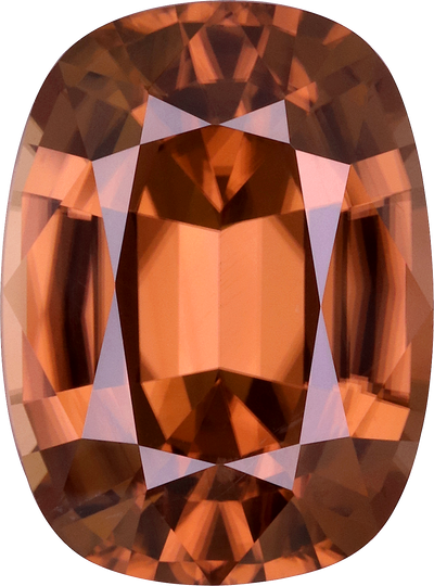 Cushion cut brown zircon, 13.65 by 10.09 mm, shown at actual size