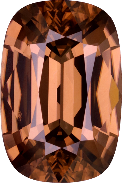 Cushion cut brown zircon, 13.02 by 8.71 mm, shown at actual size