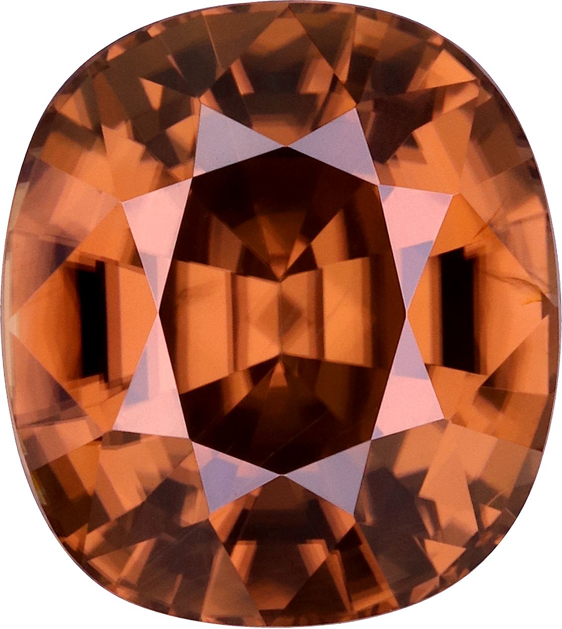 Cushion cut brown zircon, 11.4 by 10.16 mm, shown at actual size