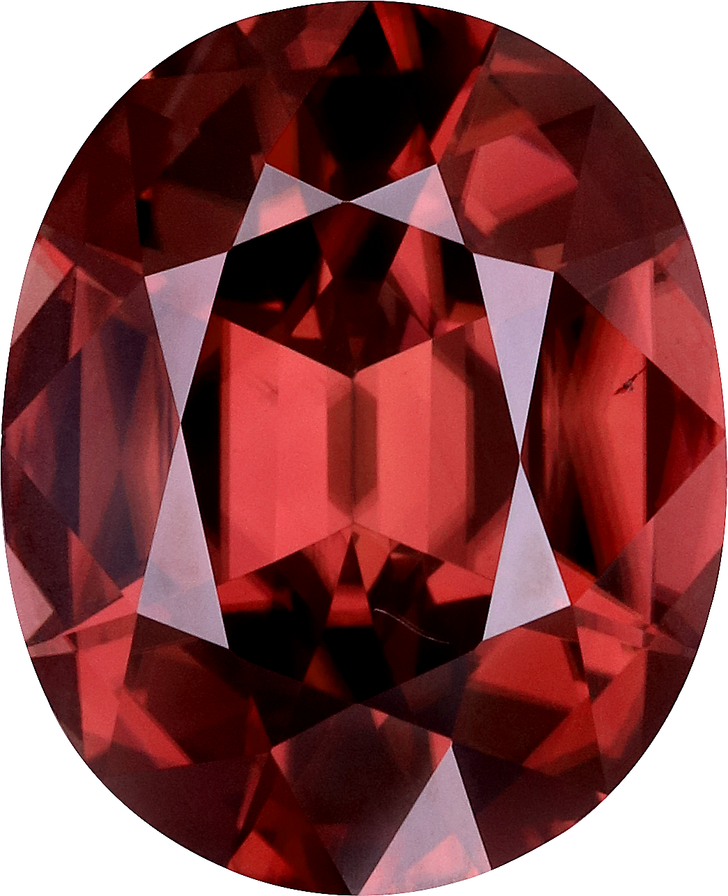 Oval cut red zircon, 12.16 by 9.85 mm, shown at actual size