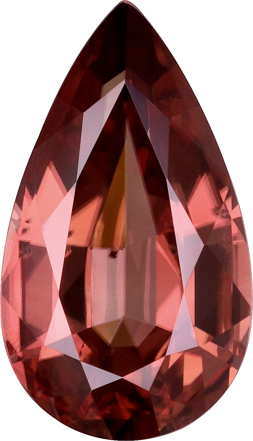 Pear cut pink zircon, 13.77 by 7.88 mm, shown at actual size
