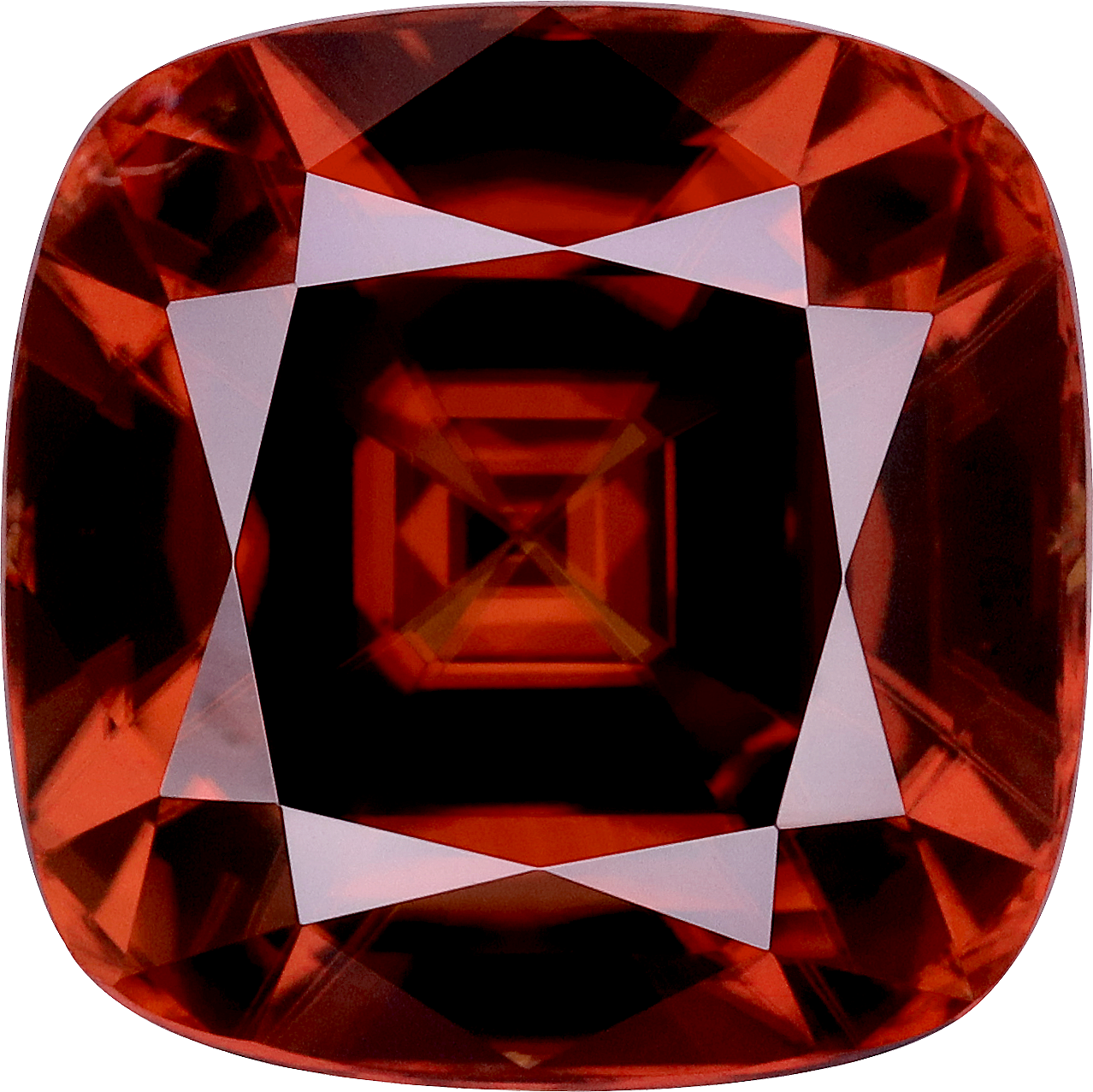 Cushion cut red zircon, 12 by 11.98 mm, shown at actual size
