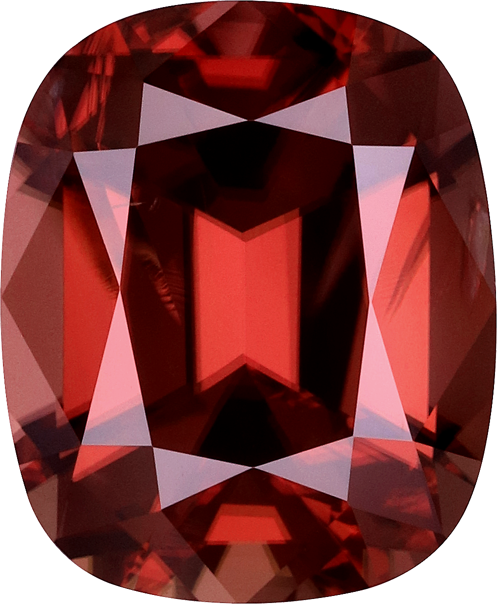 Cushion cut red zircon, 11.26 by 9.29 mm, shown at actual size