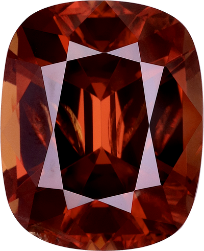Cushion cut red zircon, 12.56 by 10.19 mm, shown at actual size